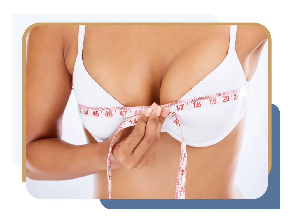 Woman with measuring tape considering breast reduction after weight loss on Long Island