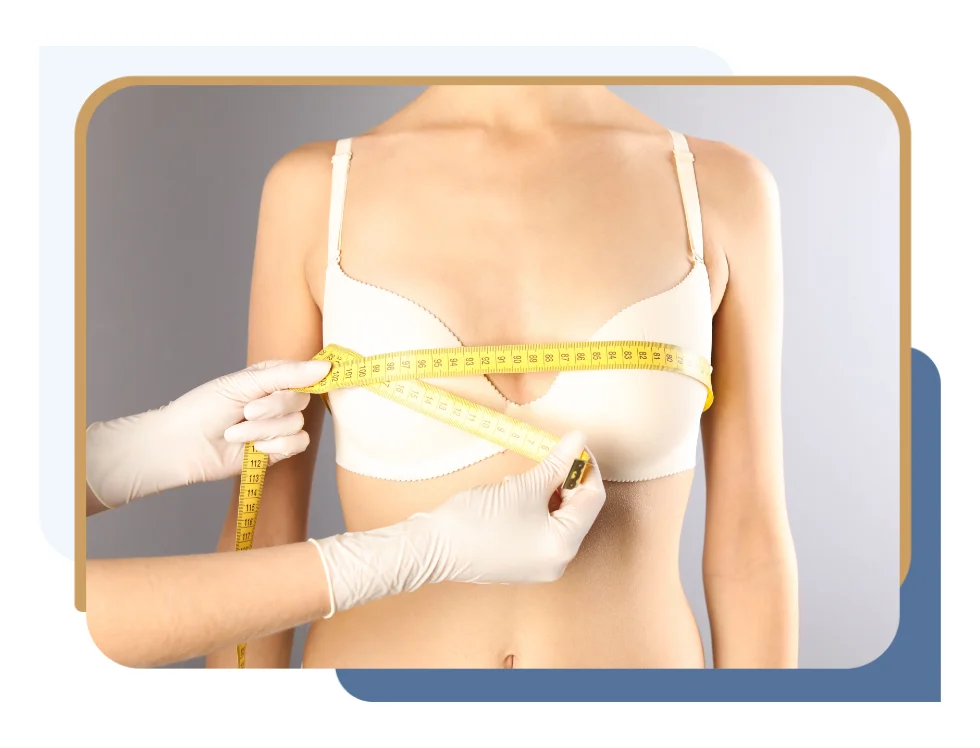Surgeon measuring patient with tape for unilateral vs bilateral breast reduction